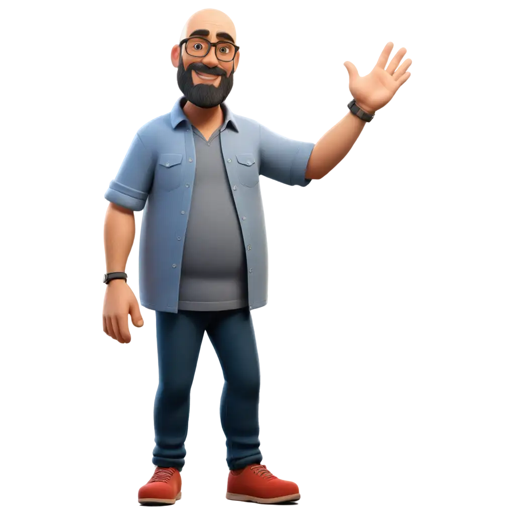 47YearOld-Man-Disney-Pixar-Style-PNG-Image-Bald-PotBellied-Wearing-Jeans-Gray-Shirt-Red-Collars-Glasses-and-Beard-Giving-Cool-Sign