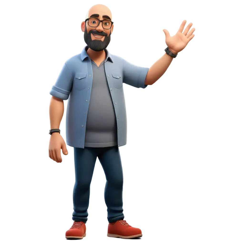 a 47-year-old man, Disney Pixar style, pot-bellied, bald, with glasses and a beard, wearing jeans, a gray shirt with red collars, black sneakers, giving a cool sign