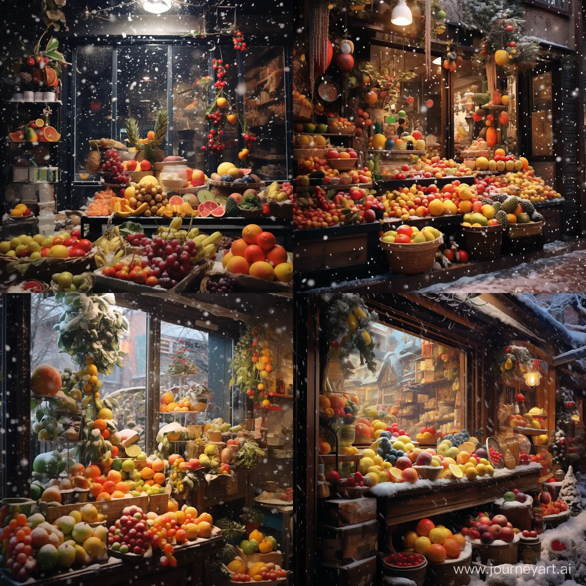 New Year's Eve is snowing with fruit inside the shop.
