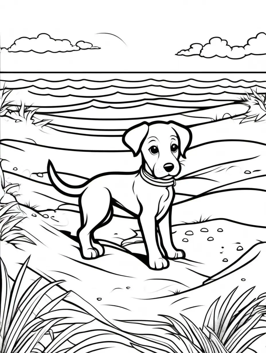 Playful Puppy Digging in Sand Black and White Coloring Page