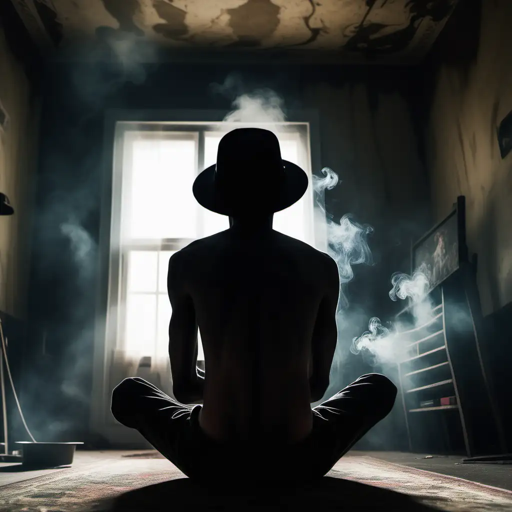 a skinny man with a black hat sitting in a living, smoked room, seeing from behind, hallucinogen, siluette of the person