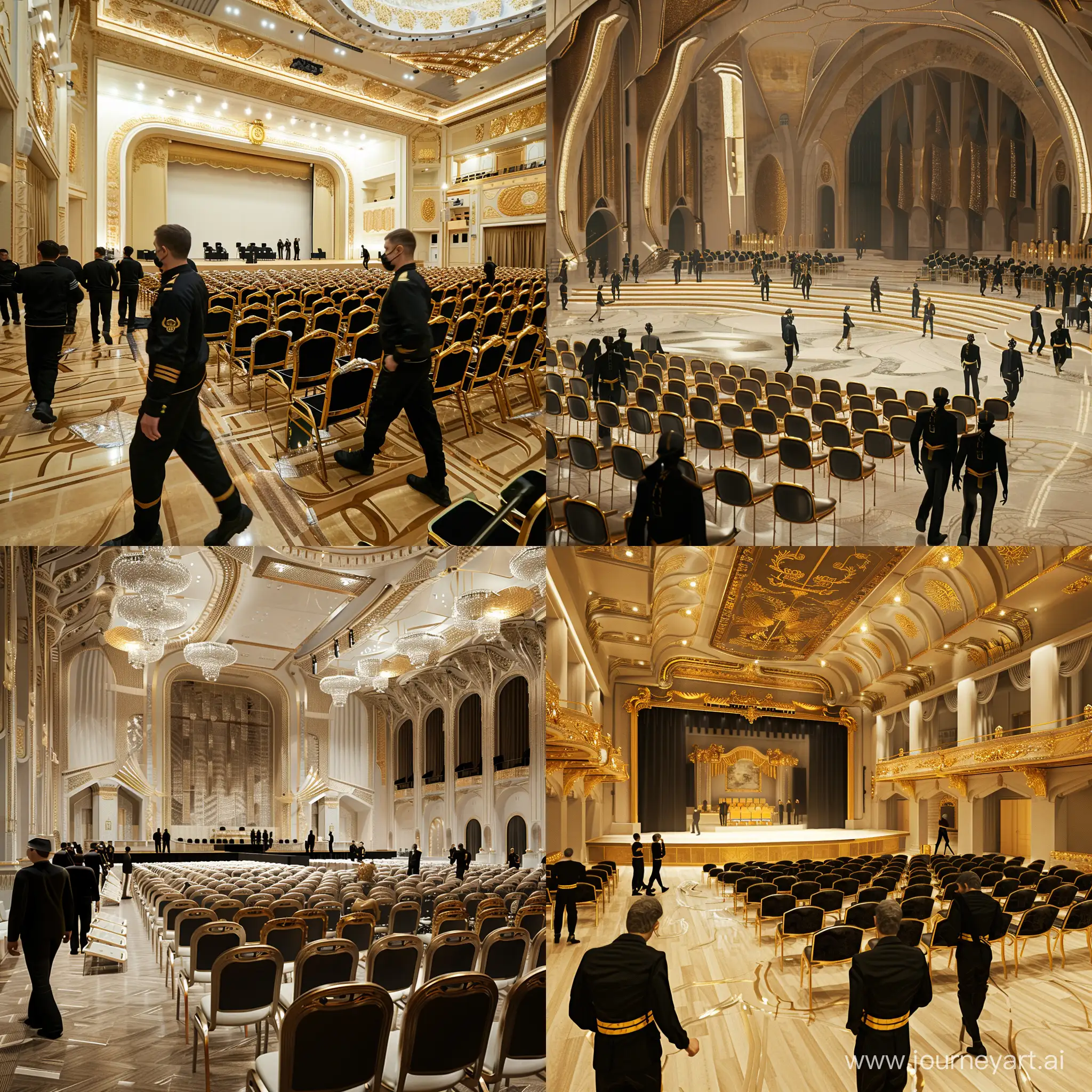 Красивый, стильный зал для выступлений с большим количеством стульев и большой сценой, идет подготовка к мероприятию, по площадке ходят люди в черной одежде с золотыми вставками, арт, реалистичный 