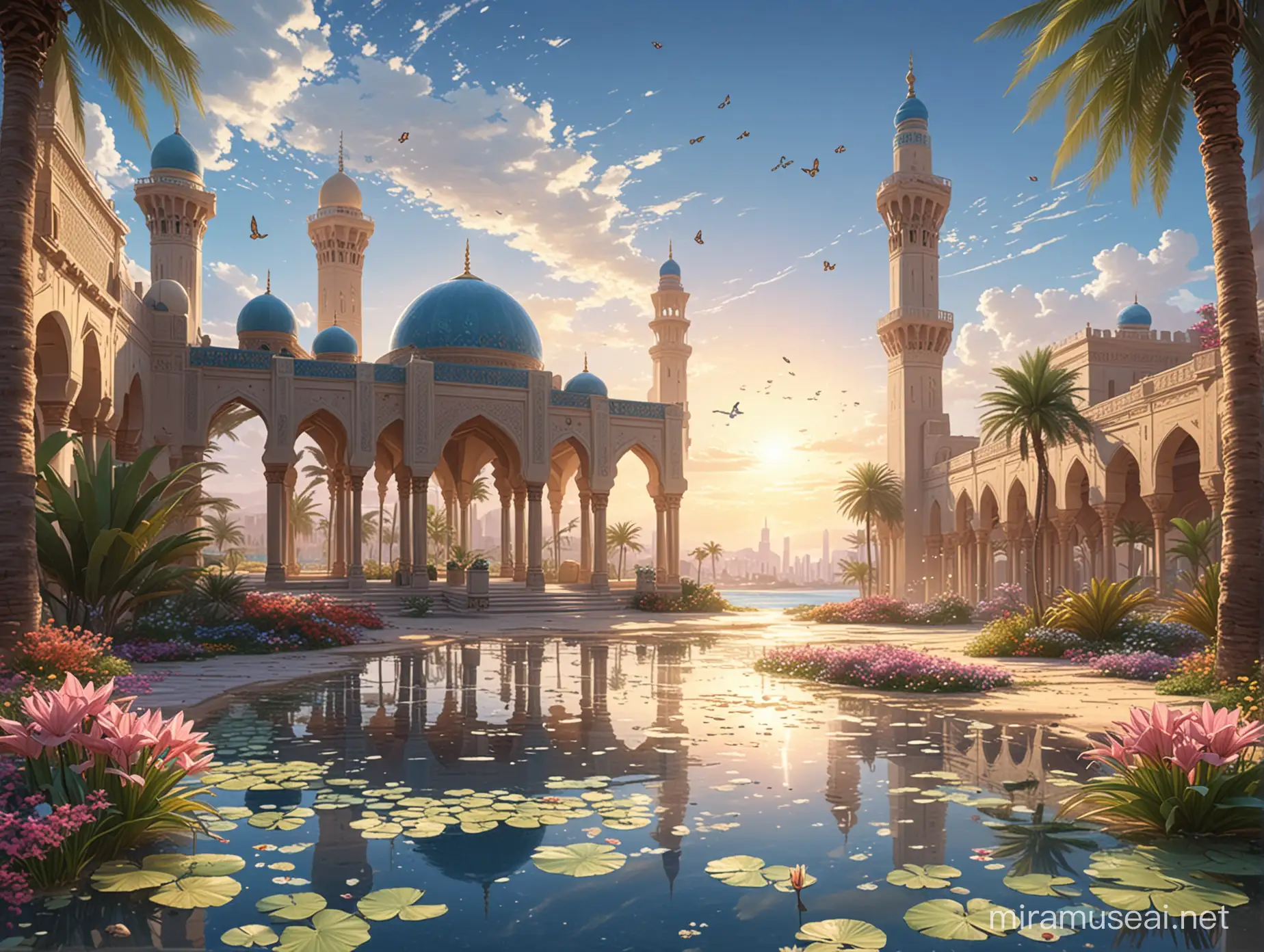 Makoto shinkai style, oasis, palm, sand, arabian style, colorful petals, lily pad, flower beside Oasis, glistening sunlight, arabian mosque, blue sky, clouds, beautiful fantasy Arabian oasis, Egyptian mosque,  butterfly, ultra hd, High quality, anime style.