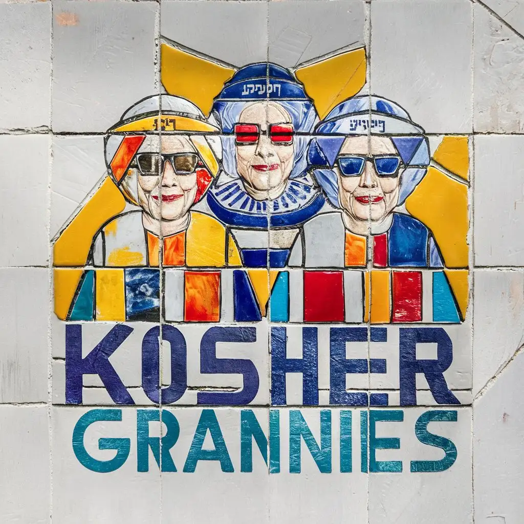 logo, Israel, yellow, blue, white, traditional Jewish grannies with Israeli headcovers and sunglasses, in white tiles, Paul Klee, with the text "Kosher Grannies", typography, be used in art industry