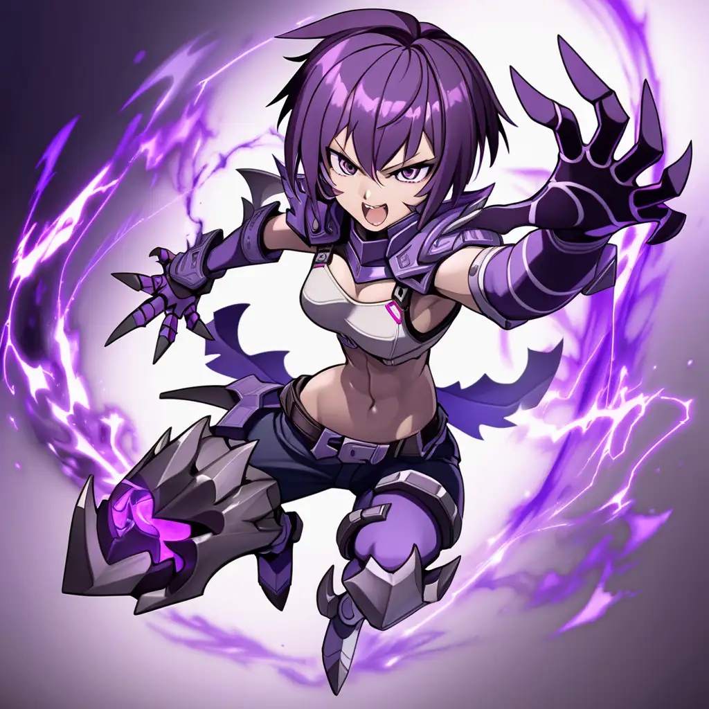 anime woman, tall, buff, demon, mischievous expression, intimidating, tomboy, short hair, claws, full body, striking pose, dynamic pose, high energy, dynamic movement, shadow aura, purple theme, partially armored
