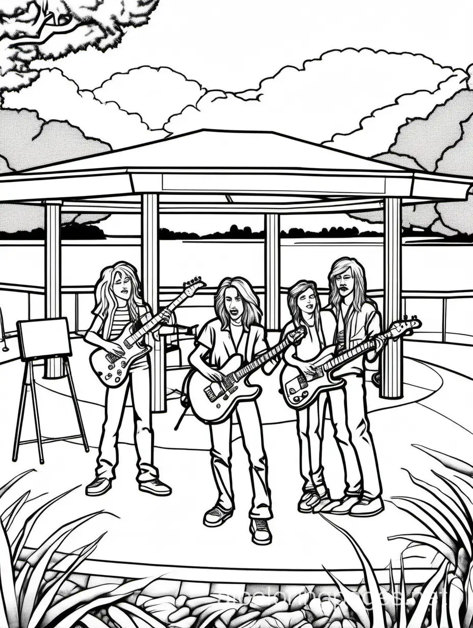 80s art style, rock band in a pavilion  playing music to a crowd on the grass. Lake in the background.

, Coloring Page, black and white, line art, white background, Simplicity, Ample White Space. The background of the coloring page is plain white to make it easy for young children to color within the lines. The outlines of all the subjects are easy to distinguish, making it simple for kids to color without too much difficulty