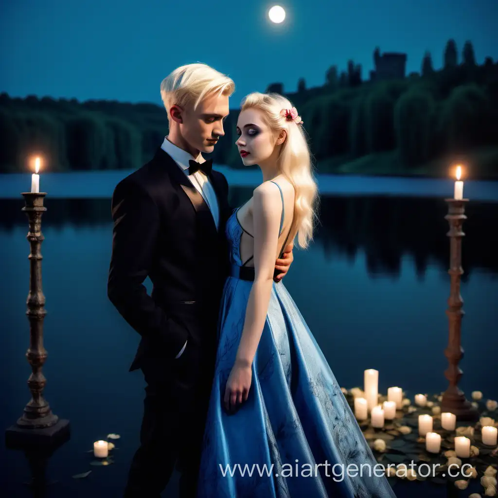 a young beautiful girl with blonde hair in a hairstyle with blue eyes in a magnificent beautiful modern fashionable dress with straps is standing looking at a young handsome man in a tuxedo Draco Malfoy at a black lake near Hogwarts, night, moon, romance, love, flowers petals, candles