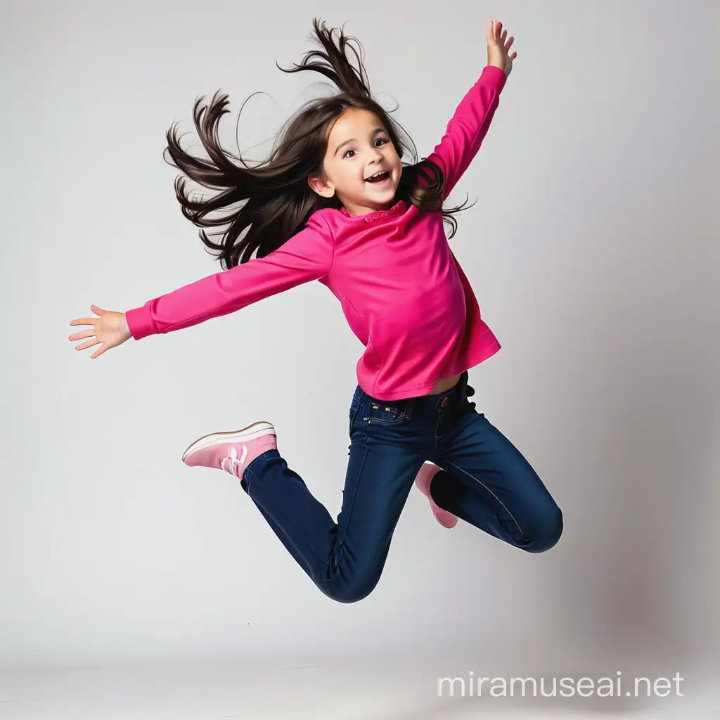 Energetic DarkHaired Girl Jumping Joyful 9YearOld in Dynamic Pose