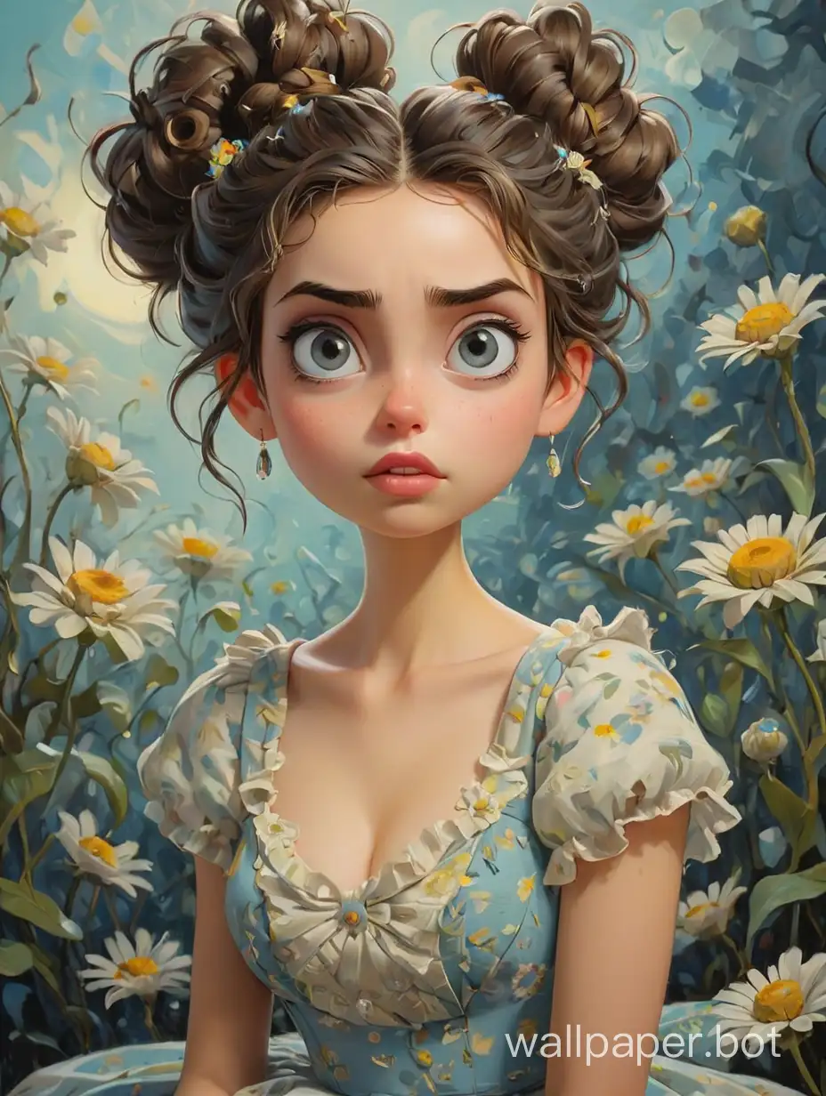 Oil painting with Impasto texture, in the style of Tim Burton comics ( dreamy girl, expressive eyes, hair styled in a fancy bun, in a sundress, 60% height, intricate details), with Impasto texture, eccentric, surreal, super detailed, super clear and sharp , glossy. Olga Esther's style.