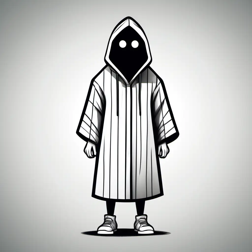 Cute Cartoon Character in Hooded Robe Black and White Full Body Drawing