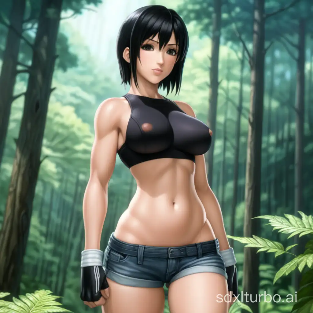 Tifa, black short hair, sexy, nipples, curves, forest background, no top, body double