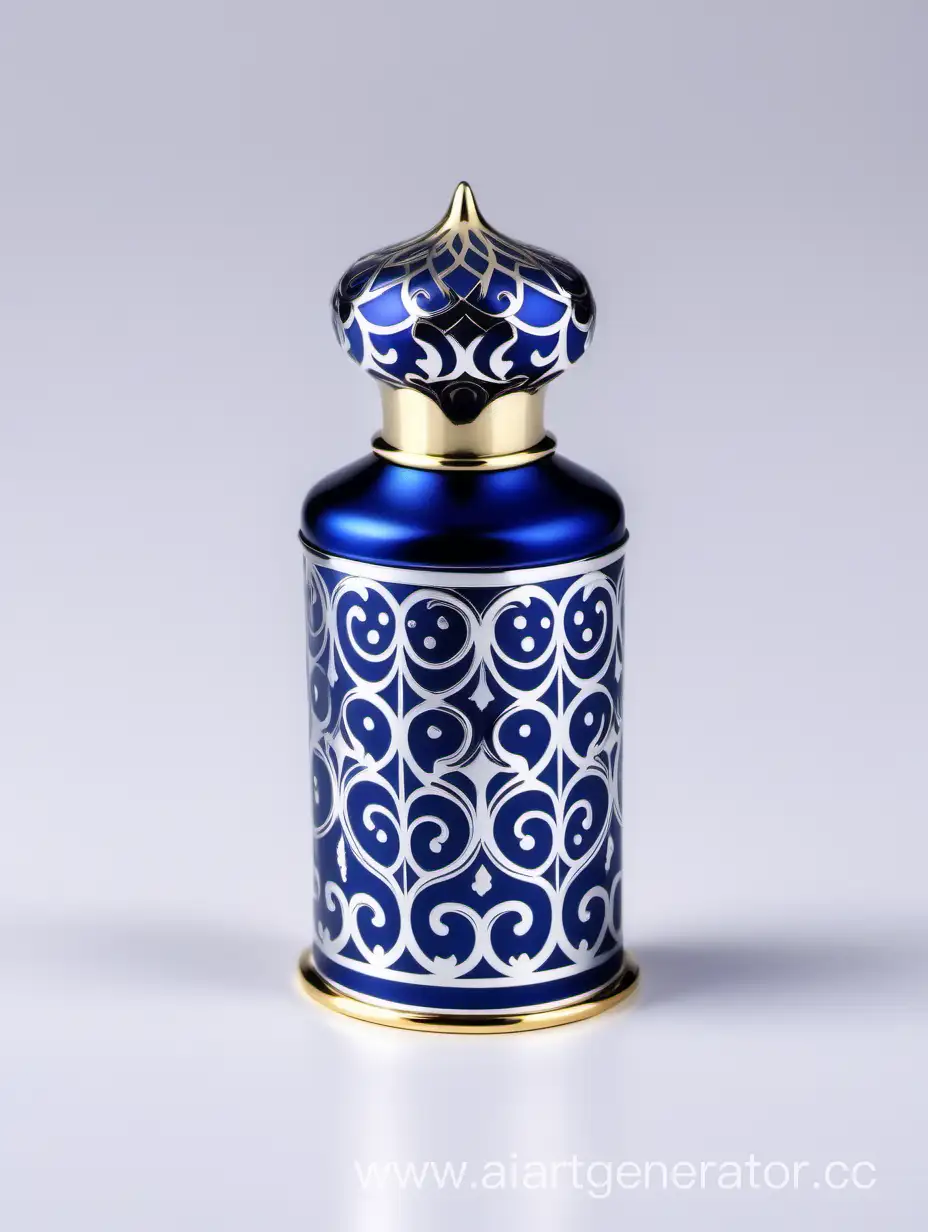 Shiny-Dark-Blue-Zamac-Perfume-Ornamental-Cap-with-Matt-White-Arabesque-Pattern