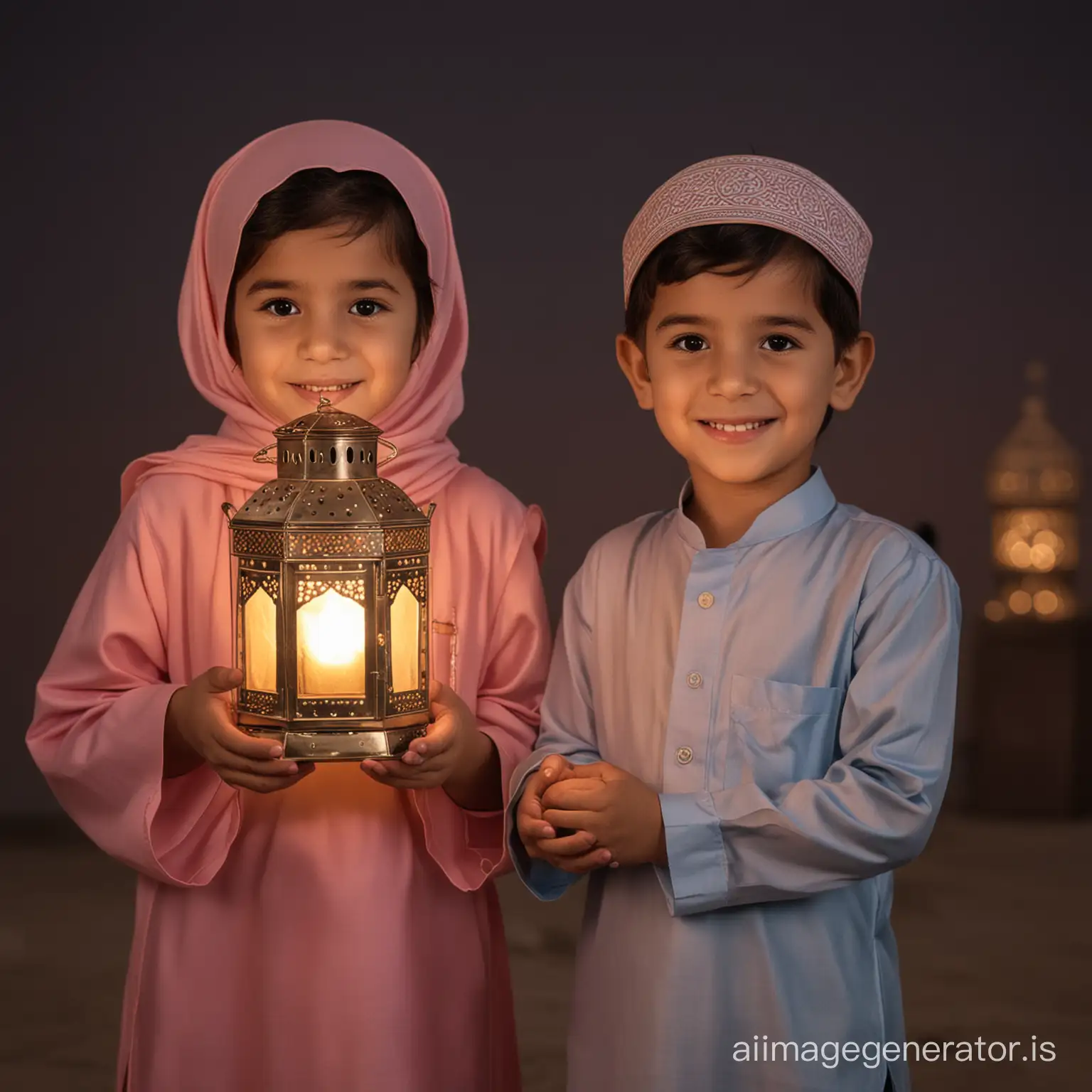 little  Girl and boy  Holding a Traditional Ramadan Lantern