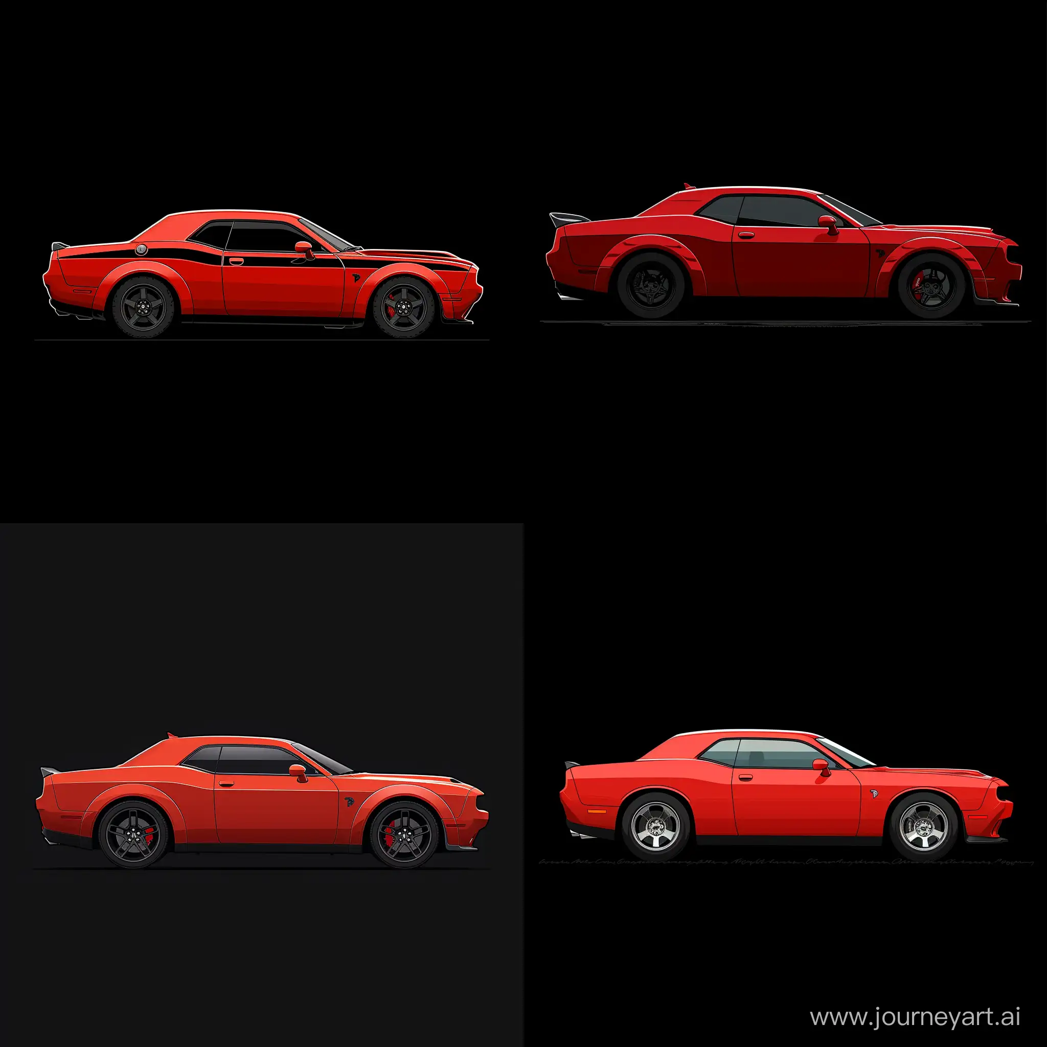 Minimal 16-bit Illustration Style, Red Dodge Challenger 2022 on Simple Black Background, Side View, Best Quality, High Precision 