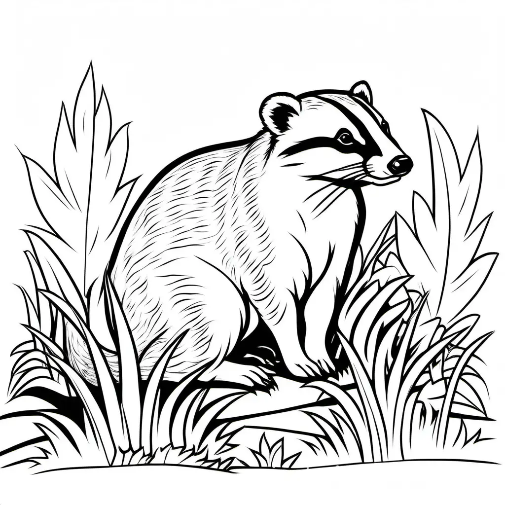 the American badger, Coloring Page, black and white, line art, white background, Simplicity, Ample White Space. The background of the coloring page is plain white to make it easy for young children to color within the lines. The outlines of all the subjects are easy to distinguish, making it simple for kids to color without too much difficulty