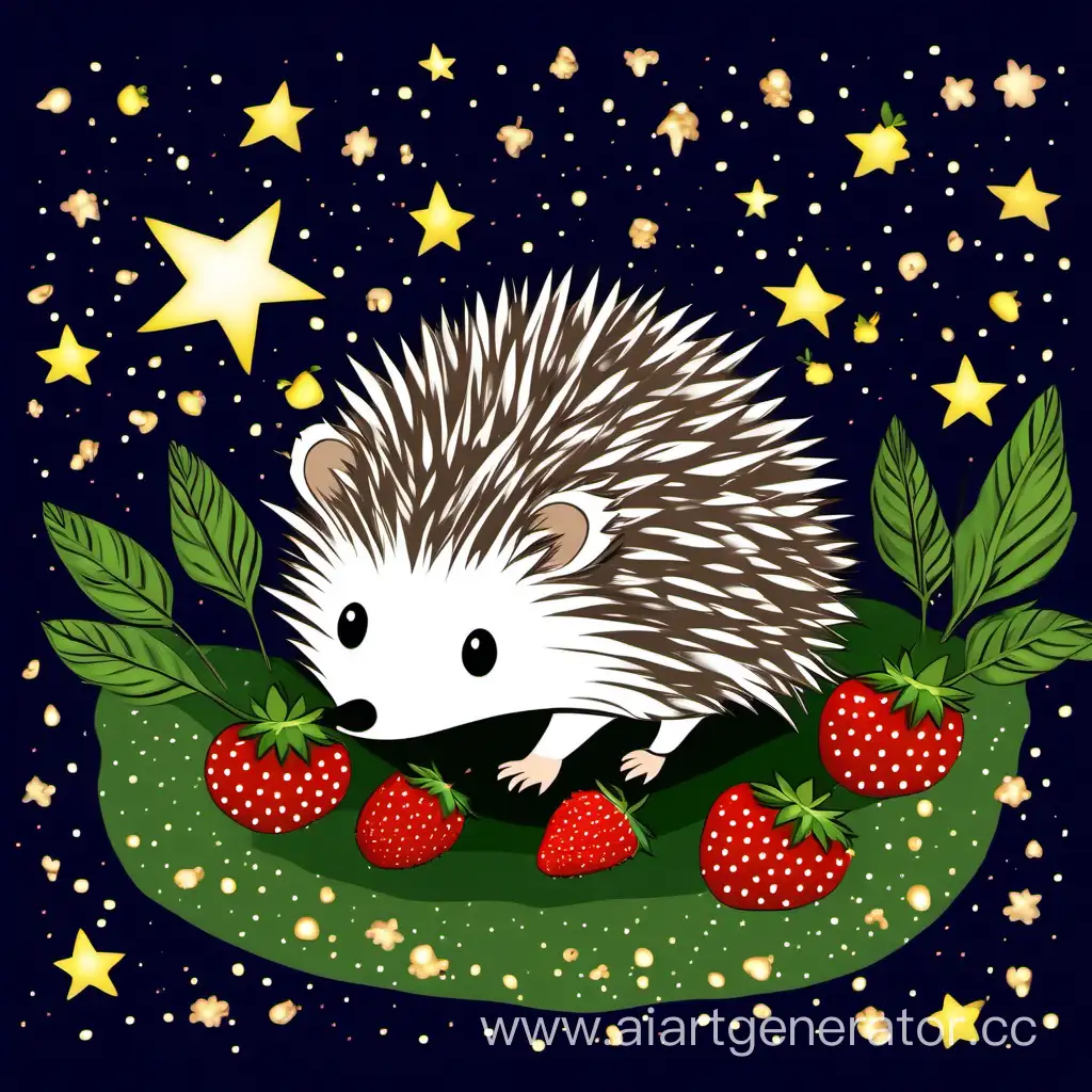 Hedgehog-Enjoying-Starlit-Night-Feast-Amidst-Fruits-Berries-and-Chamomiles