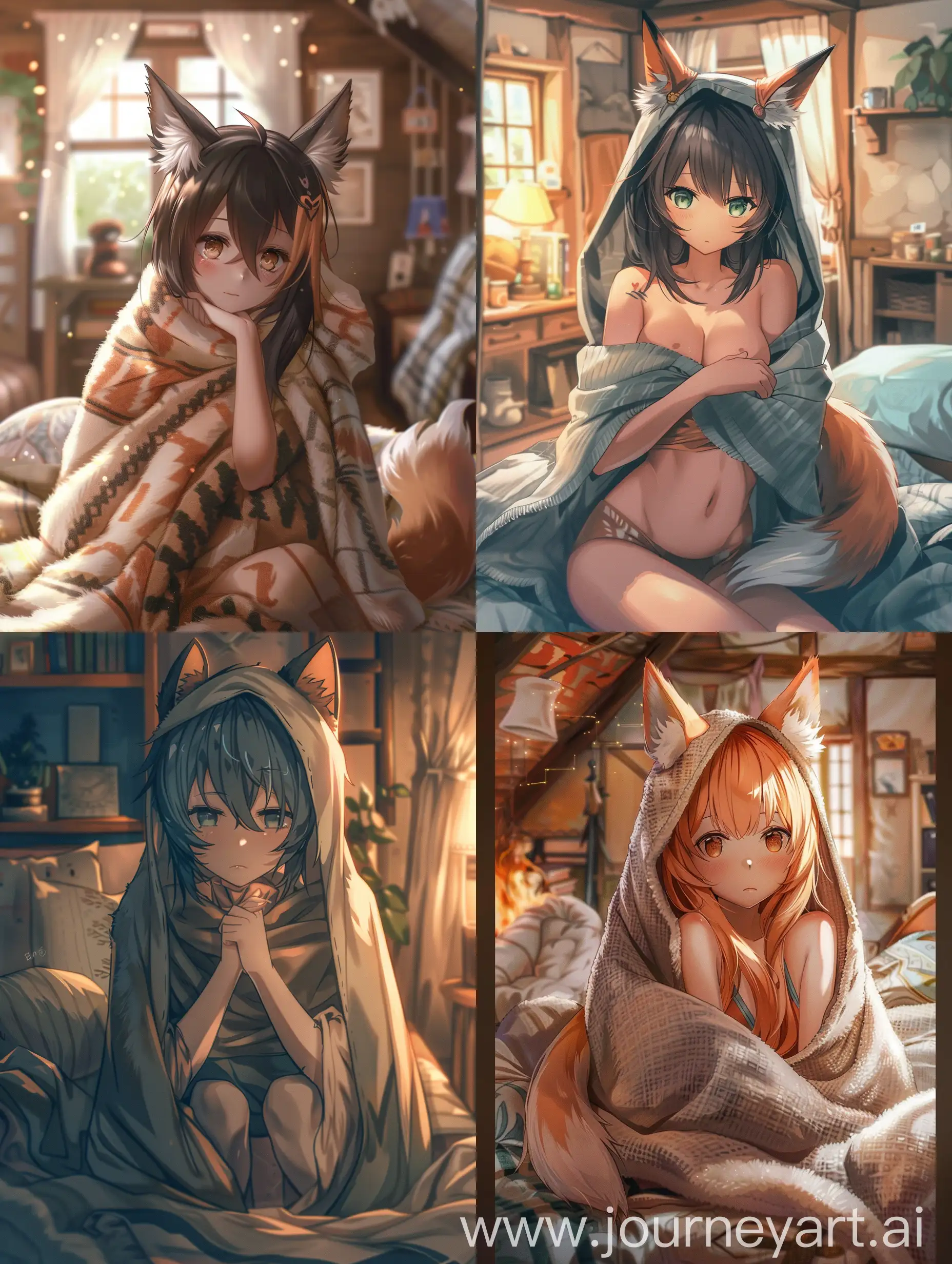 Anime femboy with fox ears and a tail wrapped up in a blanket in a cozy looking room