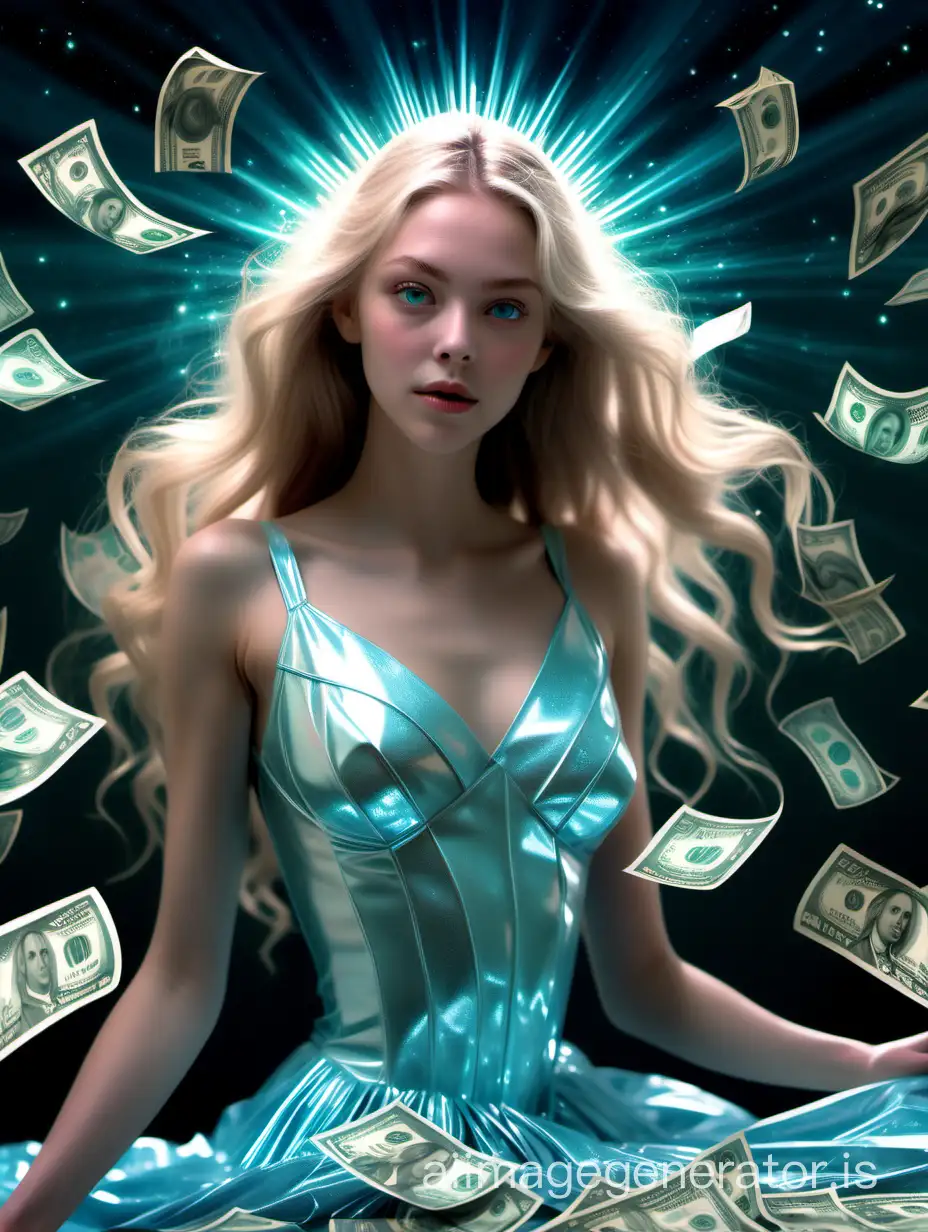 Enchanting-European-Goddess-in-Shimmering-Blue-Dress-Surrounded-by-Falling-Money-Bills