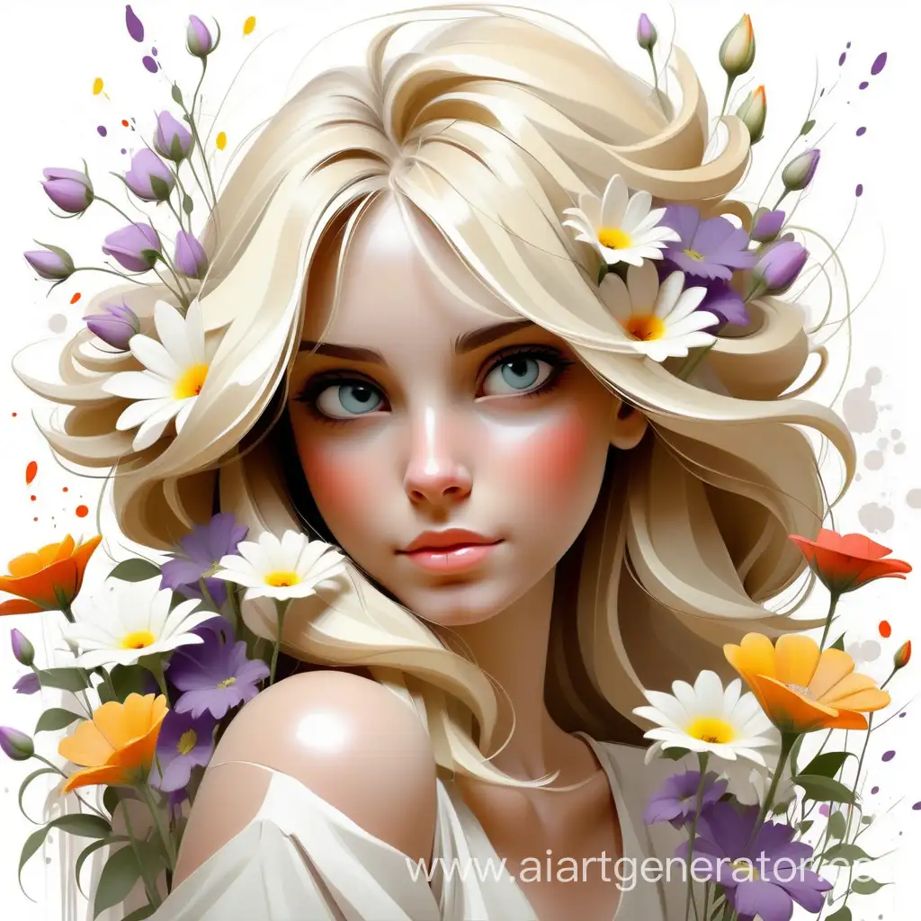 Блондинка , белый фон с цветами , рисунок красками, нежно, красивый арт