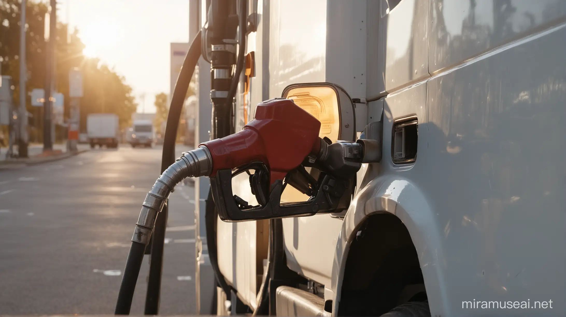 A single truck fuels up at clean, modern, filling station, with a bit of backlighting. You can see the fuel pump handle, close up.
