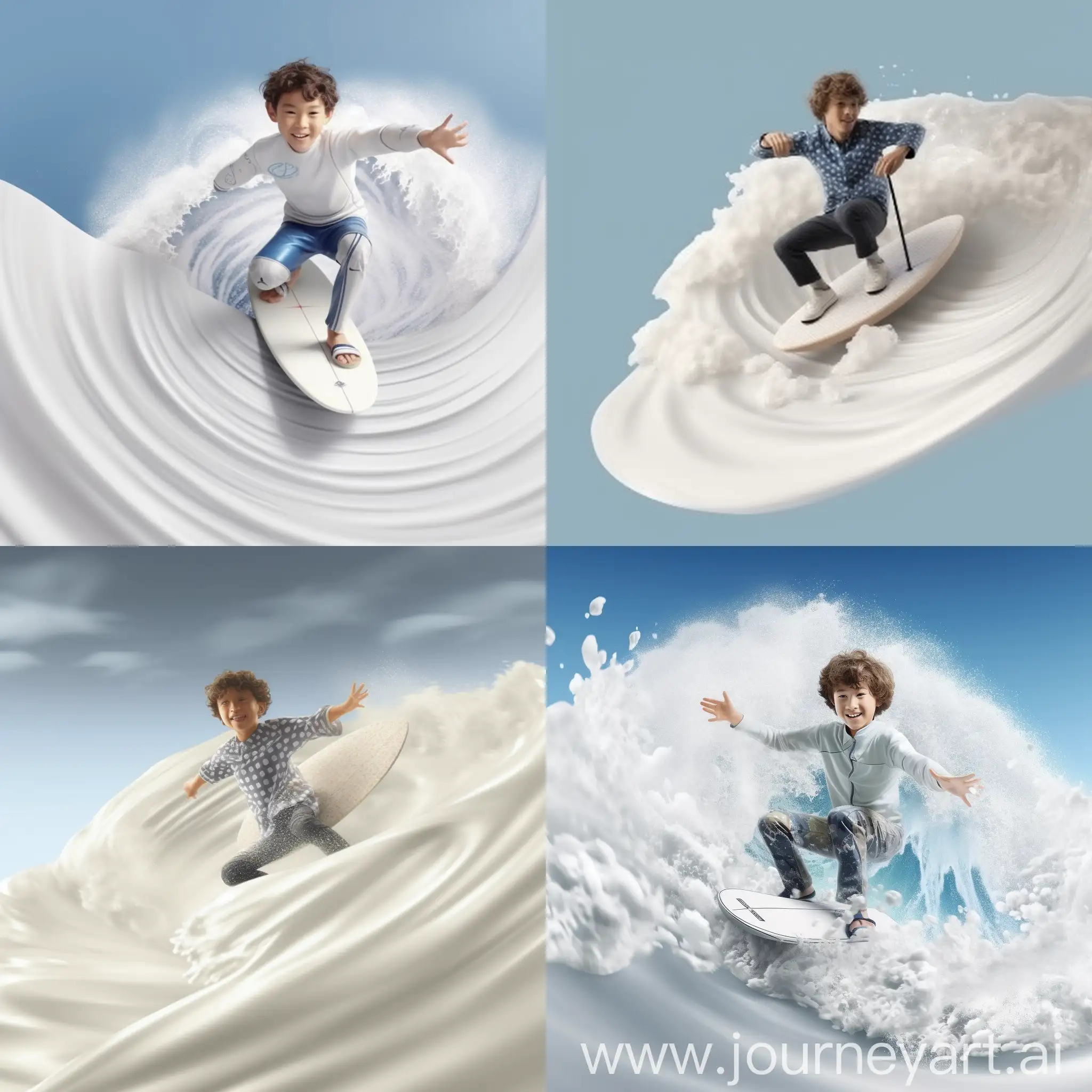 Man made of milk, boy, Chinese, surfing, boyish feeling, milk texture, 3 3D rendering, ultra-clear picture, 8K --s 750 --v 5.1 --iw 2.0