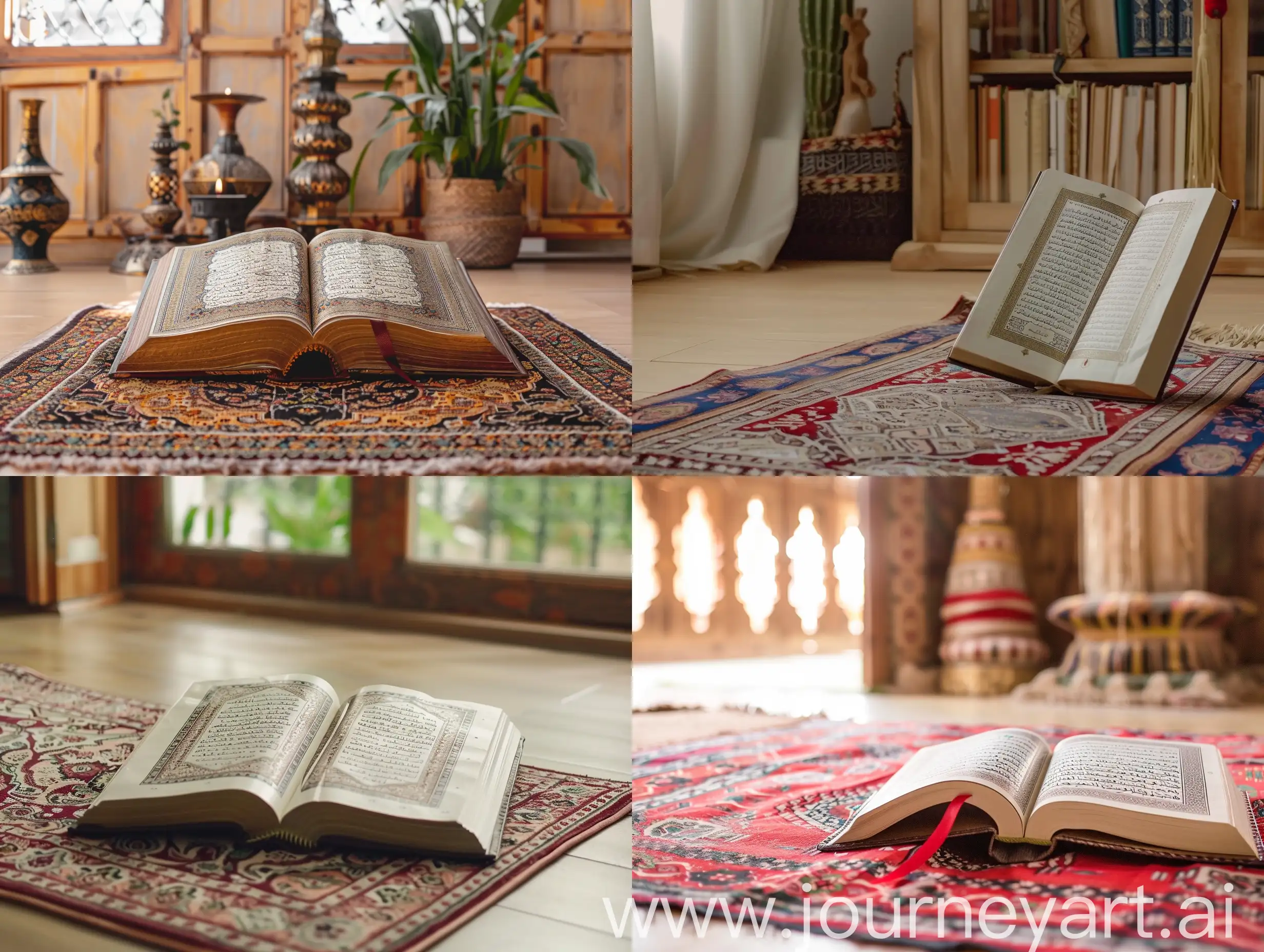 Opening Quran on Muslim prayer mat indoors