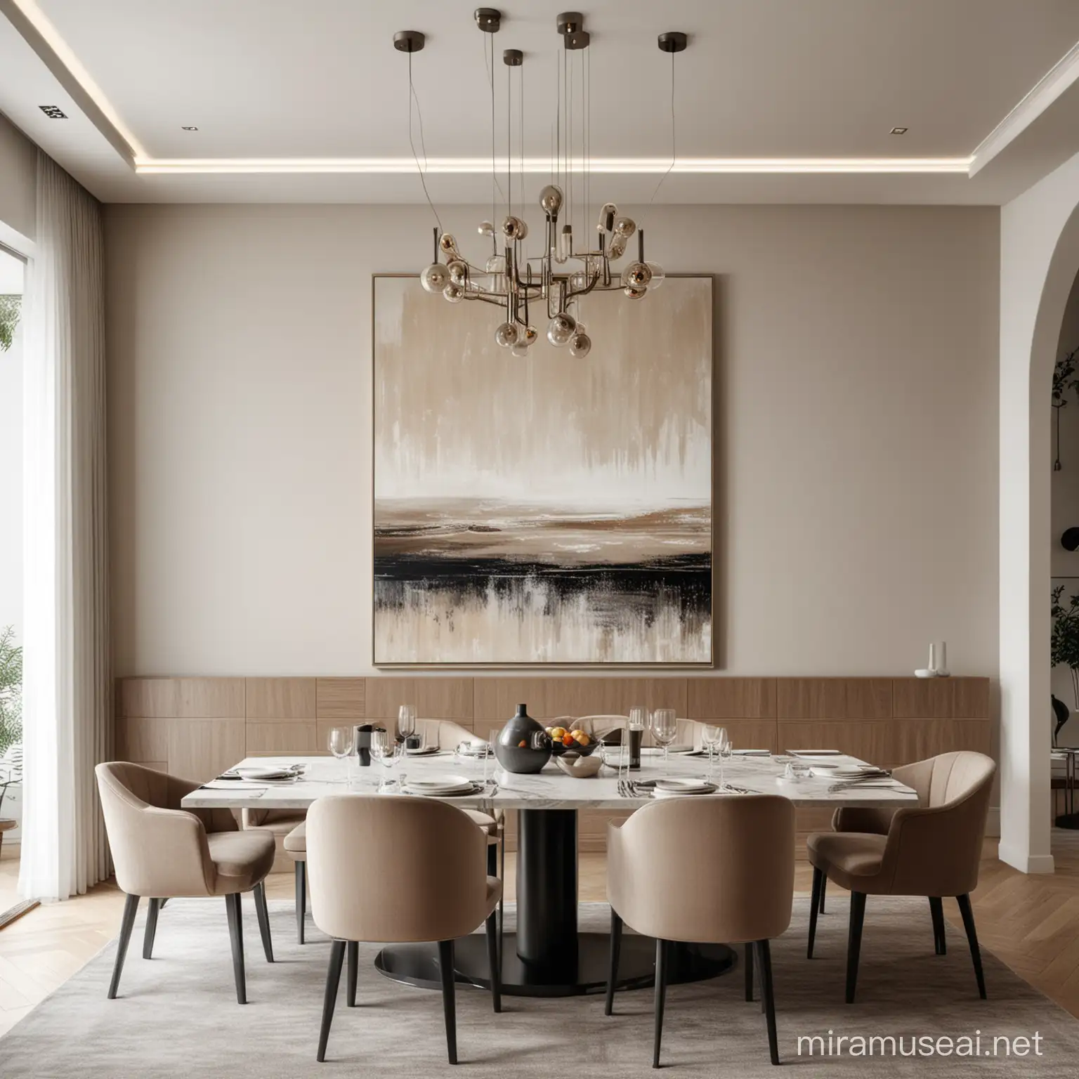 Modern Luxury dining room in  neutral colours with contemporary art on the walls. Cannon 8k quality picture