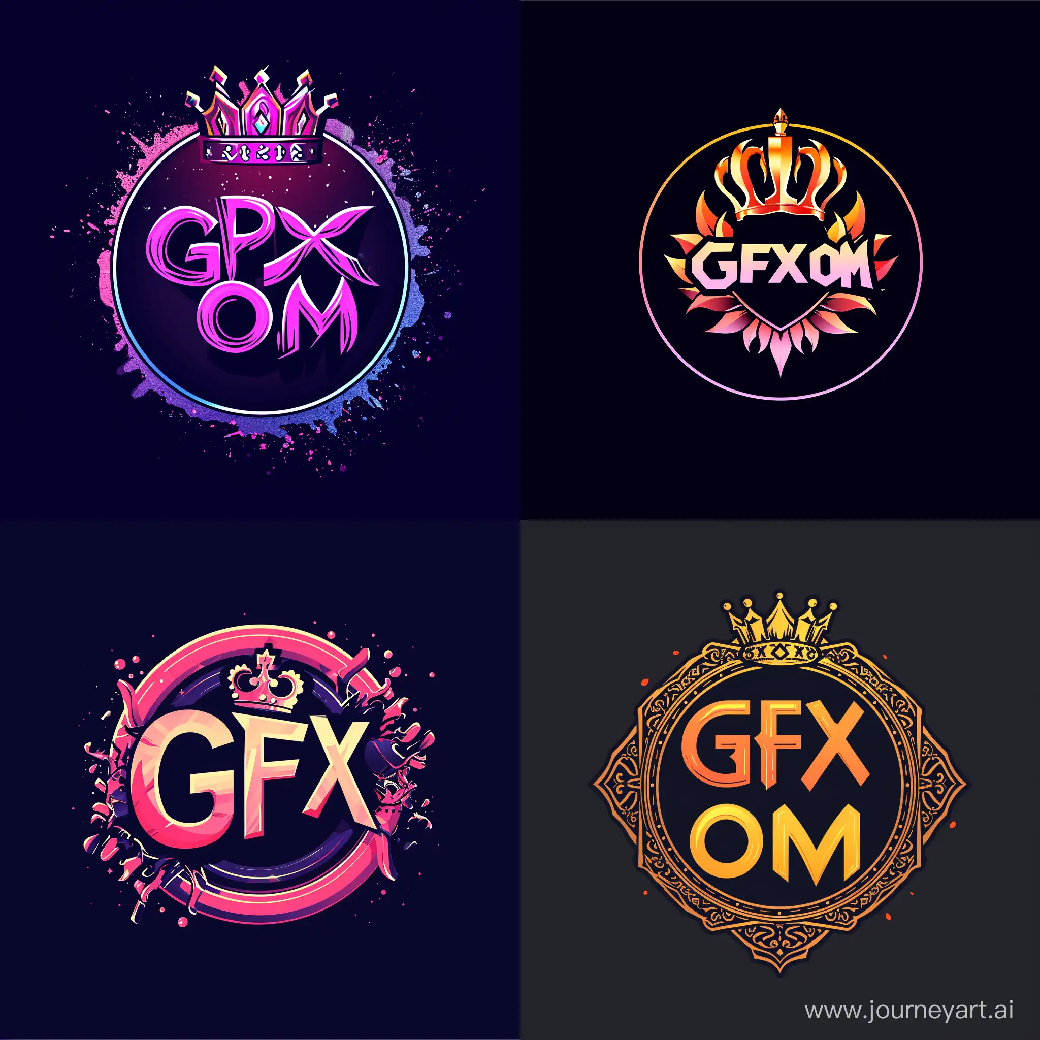 "Design a logo for a Artist company called 'GFX OM'. The company specializes in providing creative art tutorials like photoshop tutorials or illustrator tutorials. Made logo by help of photoshop or illustrator . Include crown in logo. Avoid 3d perspective for logo. logo should convey a sense of professionalism. Use a color palette. Feel free to explore different typography styles and layouts to create a visually appealing and memorable logo. Logo in circular form.
