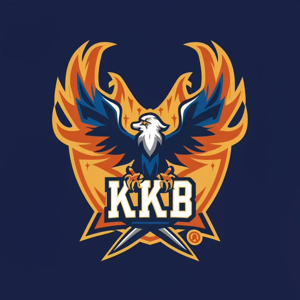 a logo design,with the text "KKB", main symbol:blue eagle WITH A SWORD and a fiery background,Moderate,be used in Entertainment industry,clear background