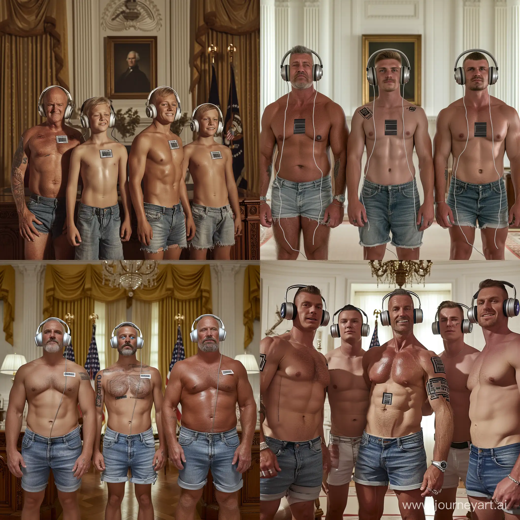 Handsome muscular middle-aged men and handsome muscular college-age boys each wear silver headphones and fitted denim cutoff shorts, dazed smiles, small barcode tattooed on each man's chest, White House Oval Office setting, facing the viewer, mass indoctrination, hyperrealistic, cinematic