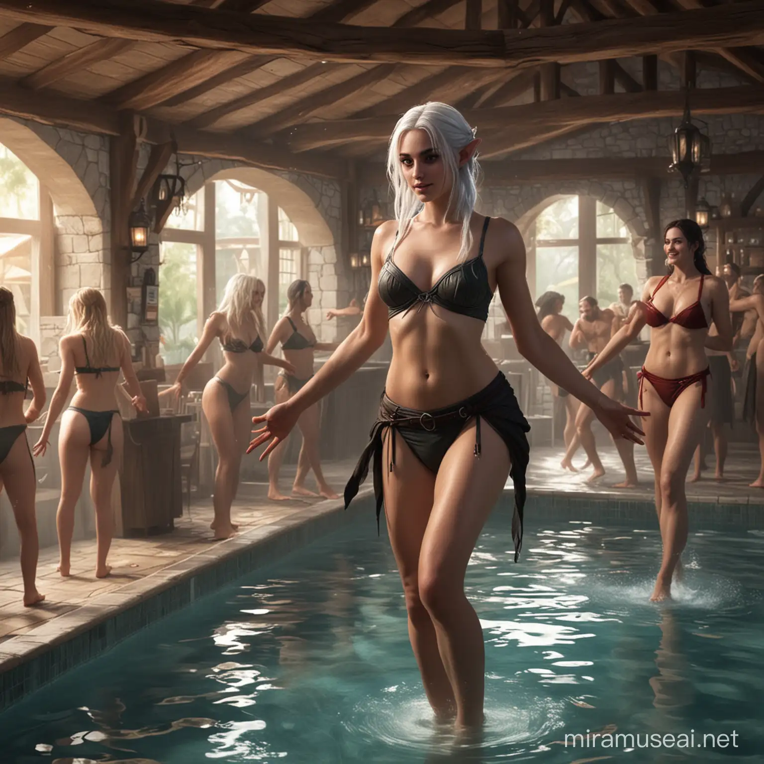 half-naked females a Drow, a Half-elf, a human dancing around a pool in a tavern spa.