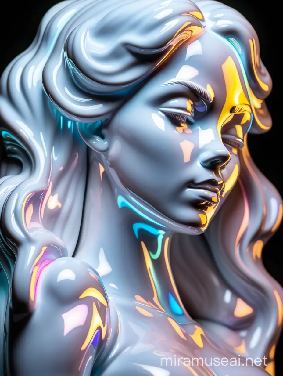 Iridescent Neon Porcelain Feminine Figure with Strong Expression on Black Background