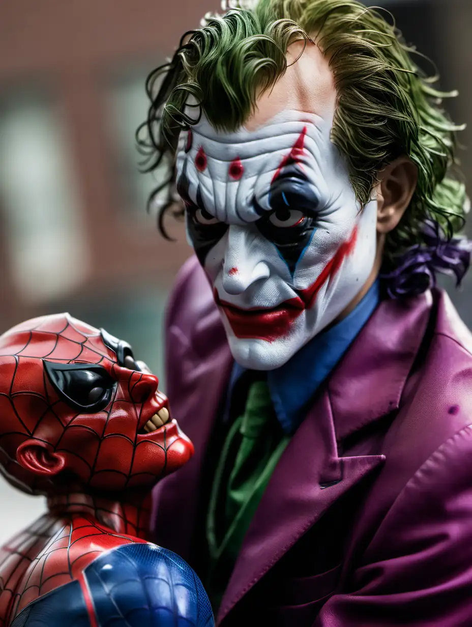 close-up, joker trzyma obciętą glowę spiderman, joker red eye, bad face, natural light, 85mm F/2.0 --ar 85:128 --s 222 --no freckles, blemishes --v 6.0 --style raw
