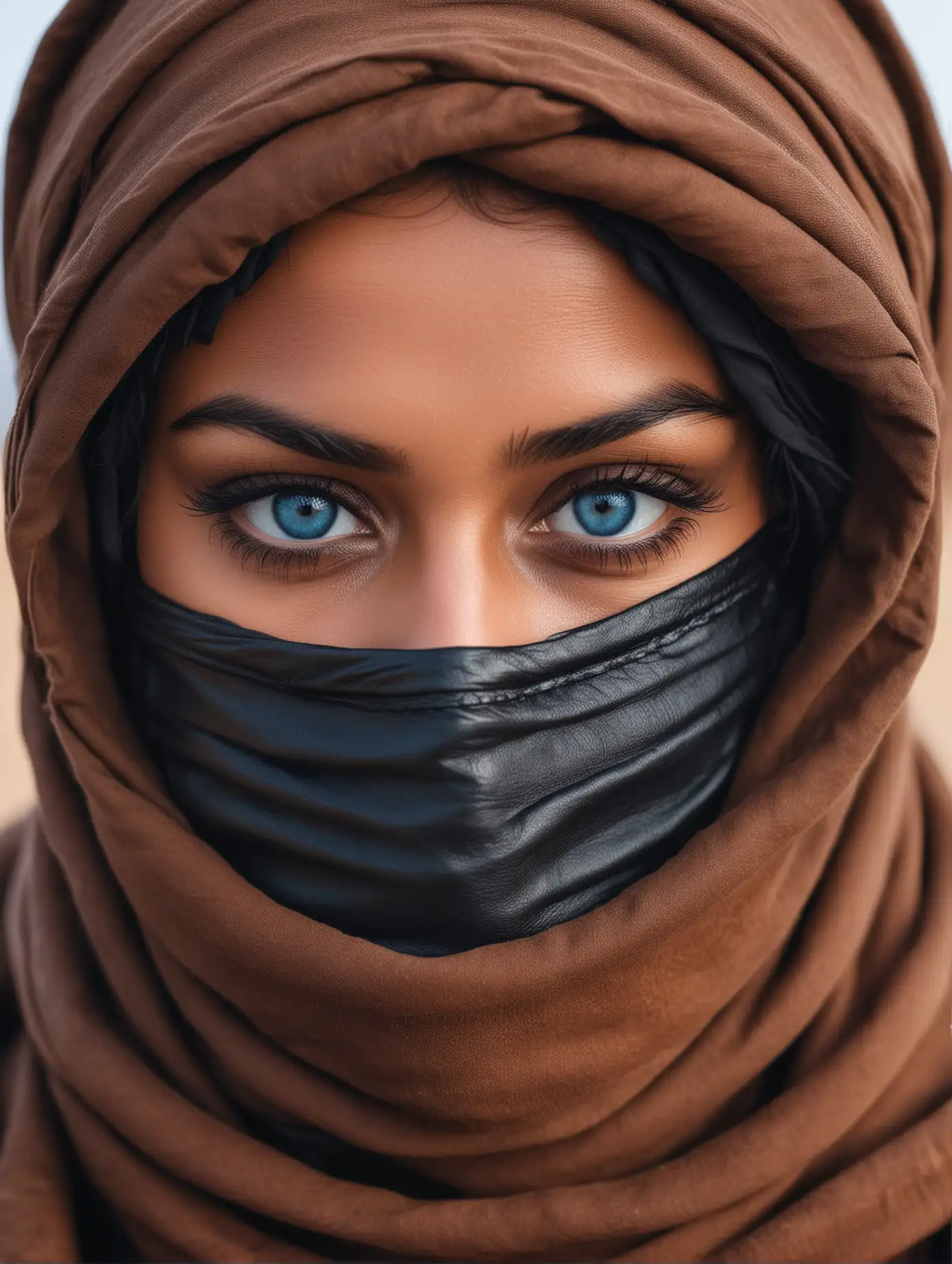dark-skinned woman with blue-on-blue eyes (blue sclera), wearing brown leather and a black Dune-style breathing mask covering her lower face and a dust scarf over her head