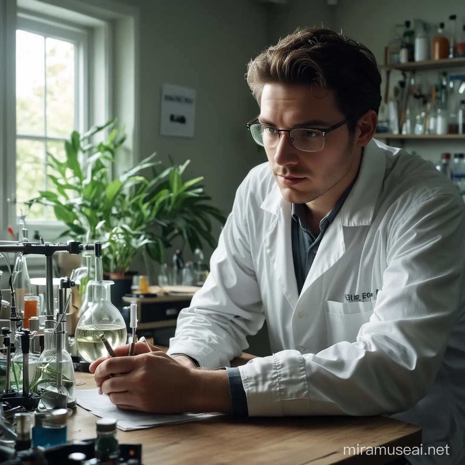 Create an image featuring a young male biologist facing setbacks and failures in his experiments. Show him in his laboratory, surrounded by equipment and data, visibly frustrated by unsuccessful results. Despite the challenges, depict him maintaining a determined expression, reflecting resilience and a refusal to give up. Showcase moments of introspection and adaptation as he learns from his mistakes and adjusts his approach. The scene should convey the resilience of the biologist in the face of adversity, highlighting his unwavering commitment to scientific exploration and discovery. Luminous environnement. make it like he just got an idea and he's optimistic in front of his failure

