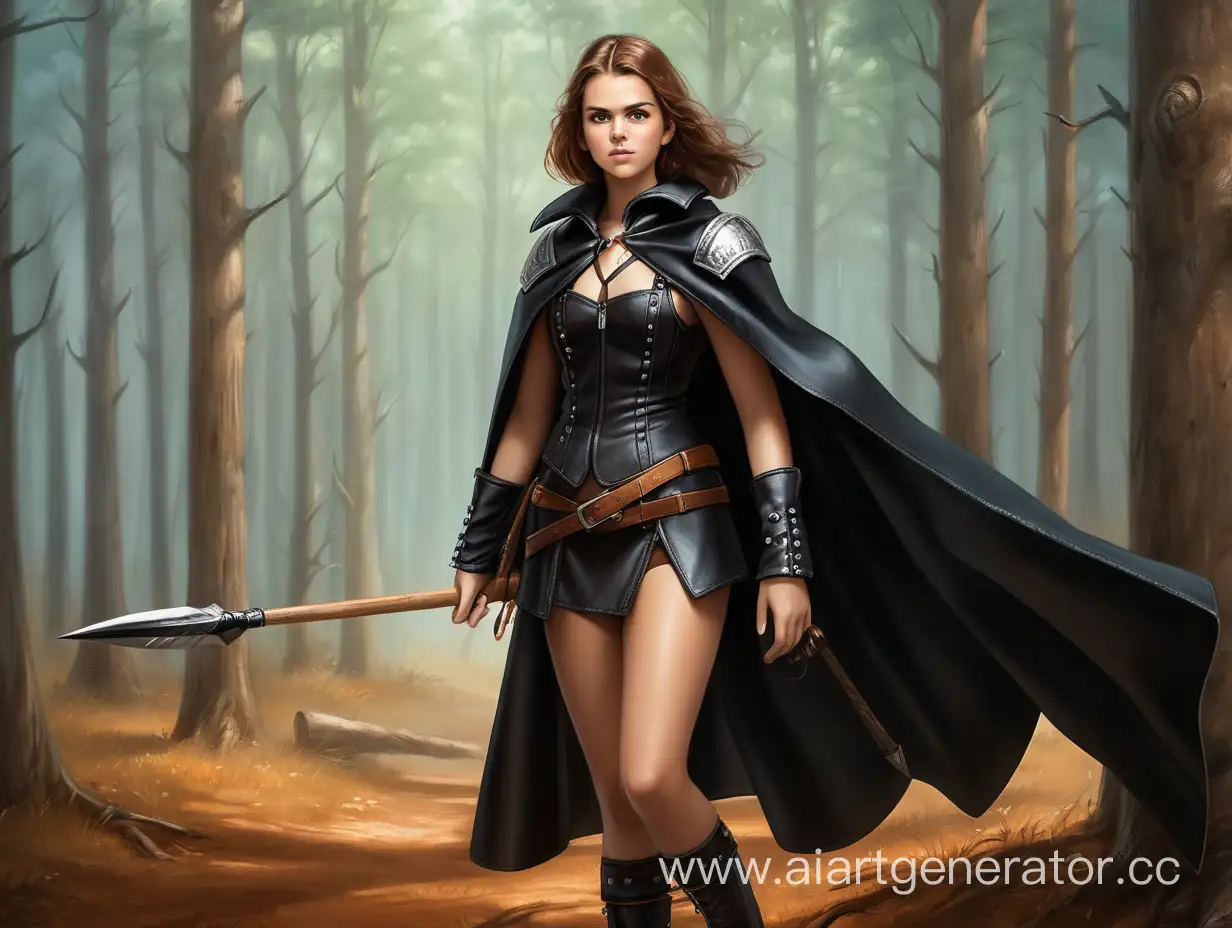 Young woman in leather jerkin with cape and a spear in wood