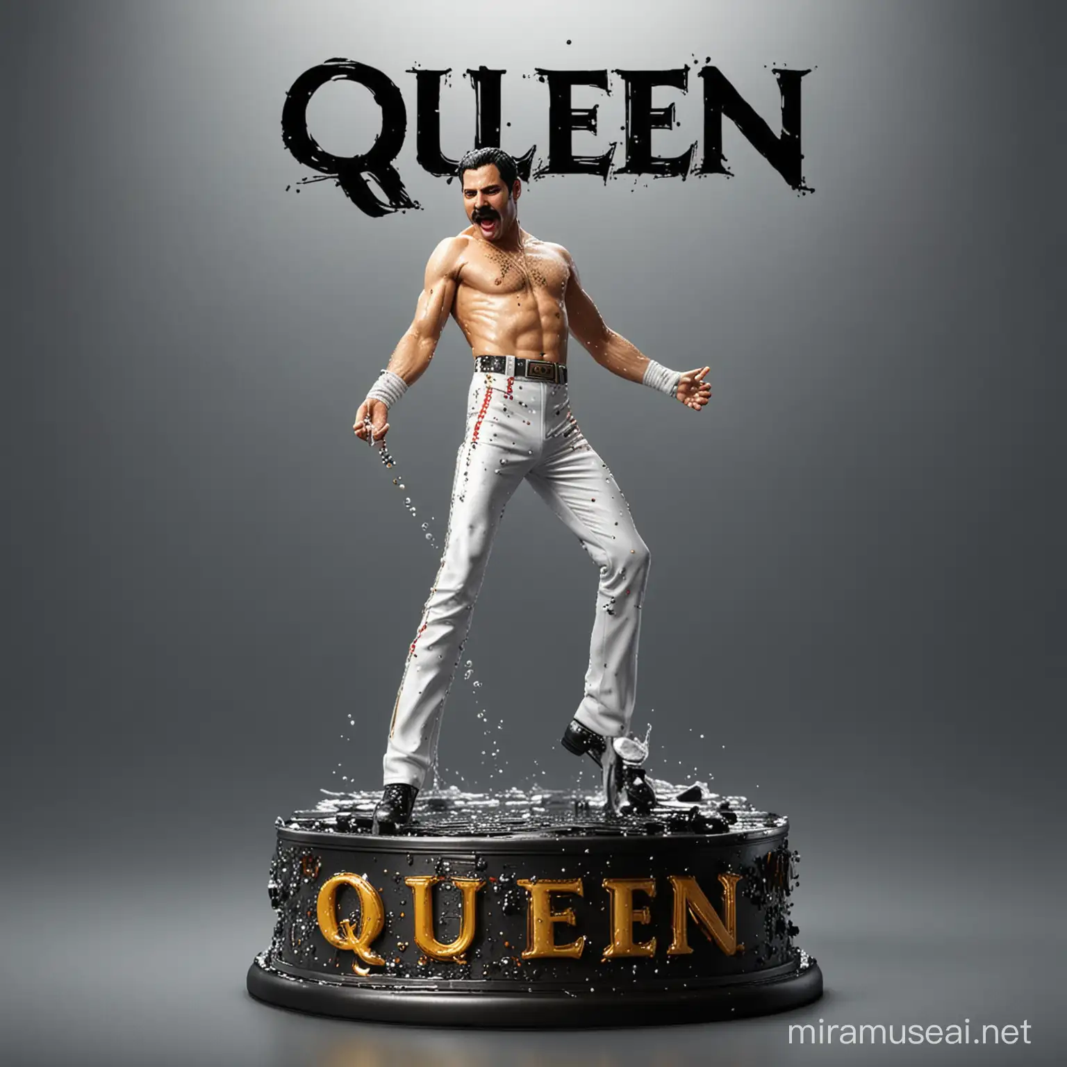 freddie mercury from queen Band in action, On a metal base with the phrase "queen" on the base, with splash effect, ultra-realistic, 16k