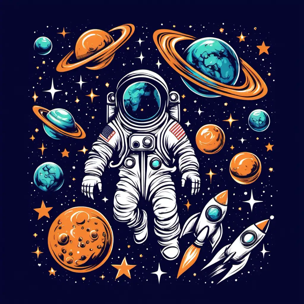 Galactic Adventure TShirt Design with Planets Rockets and Astronauts