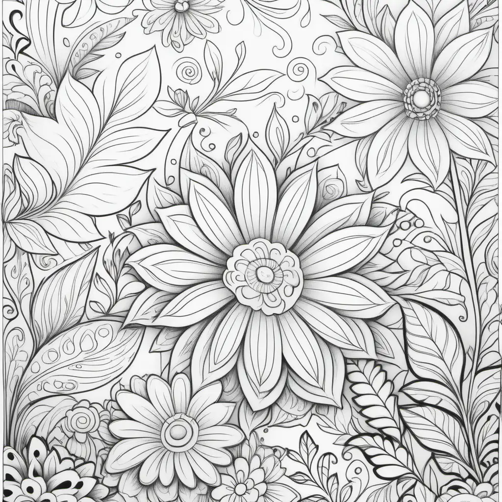 child coloring book, black and white. Illustrated, dark lined, no shading. floral pattern