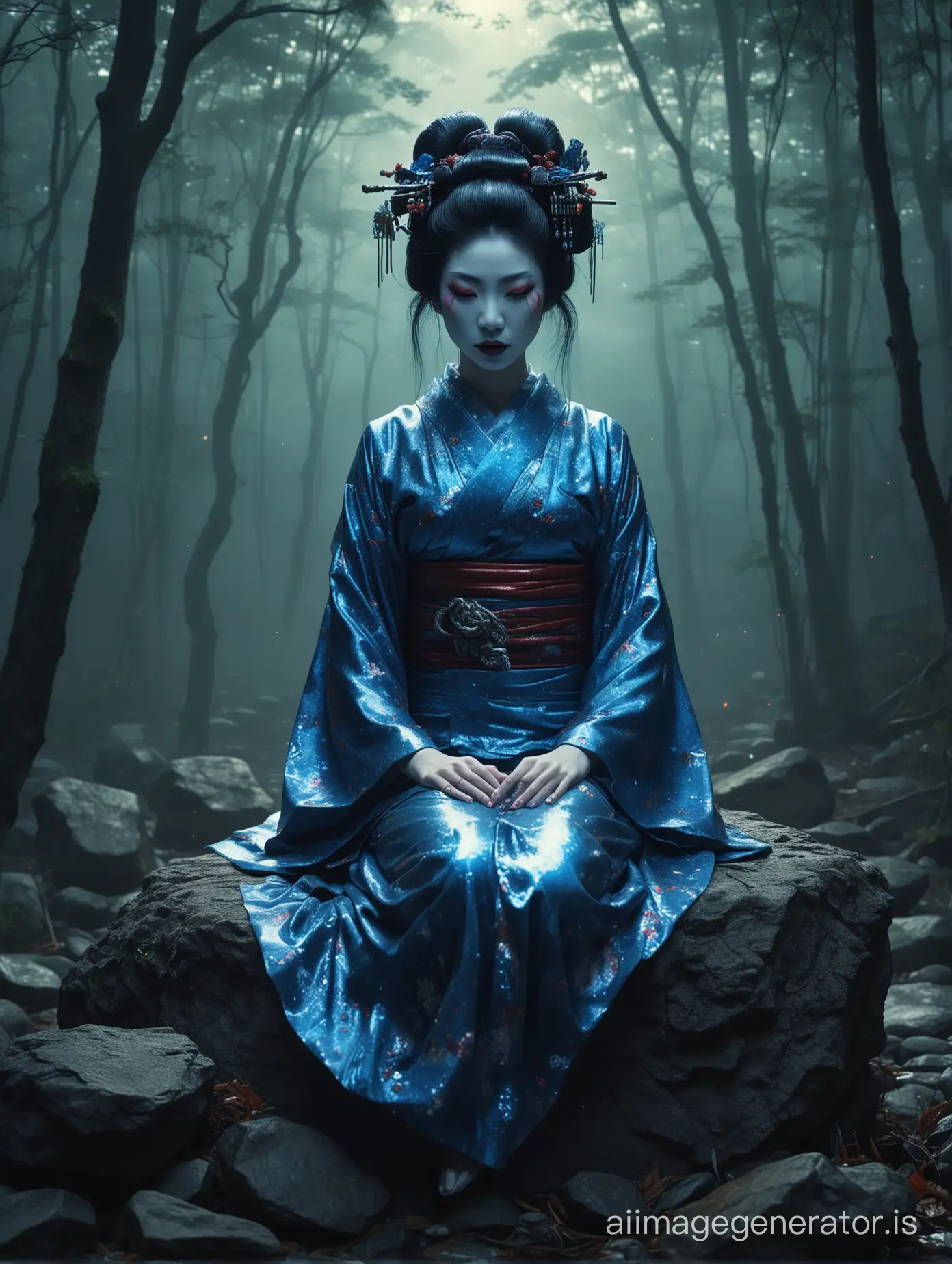full horror night, holographic spirit, woman demon geisha floating over a rock, digital art, cgsociety winner, blue genie, Japanese demon geisha, in the forest of nightmares, occult aesthetics of alchemy, extremely detailed shot of a goddess, goddess of wrath, grunge, gothic, trapped in my mind, professional photography
