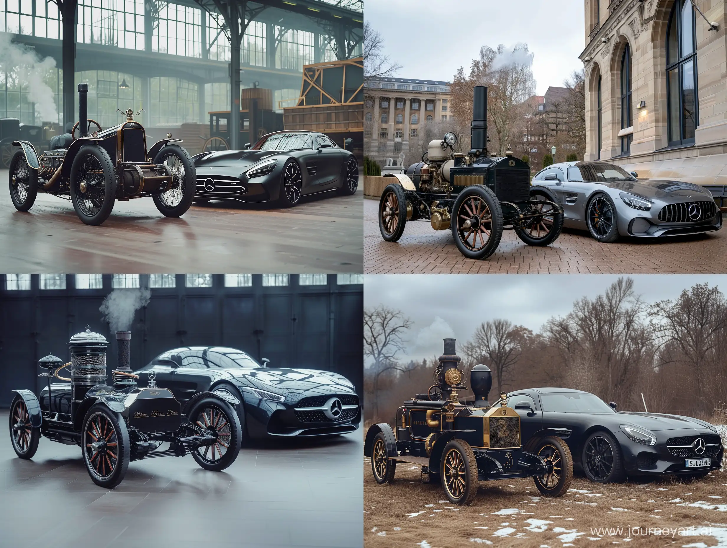 Contrast-of-SteamPowered-Vintage-Car-and-Modern-Mercedes-S-400