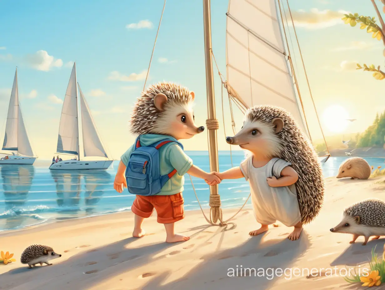 Hedgehog-Couple-Holding-Hands-on-Seashore-with-Sailing-Yacht-in-Bright-Morning