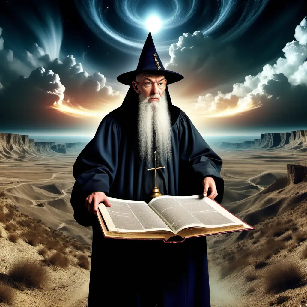 realistic nostradamus predicting events in middle of a mysterious landscape