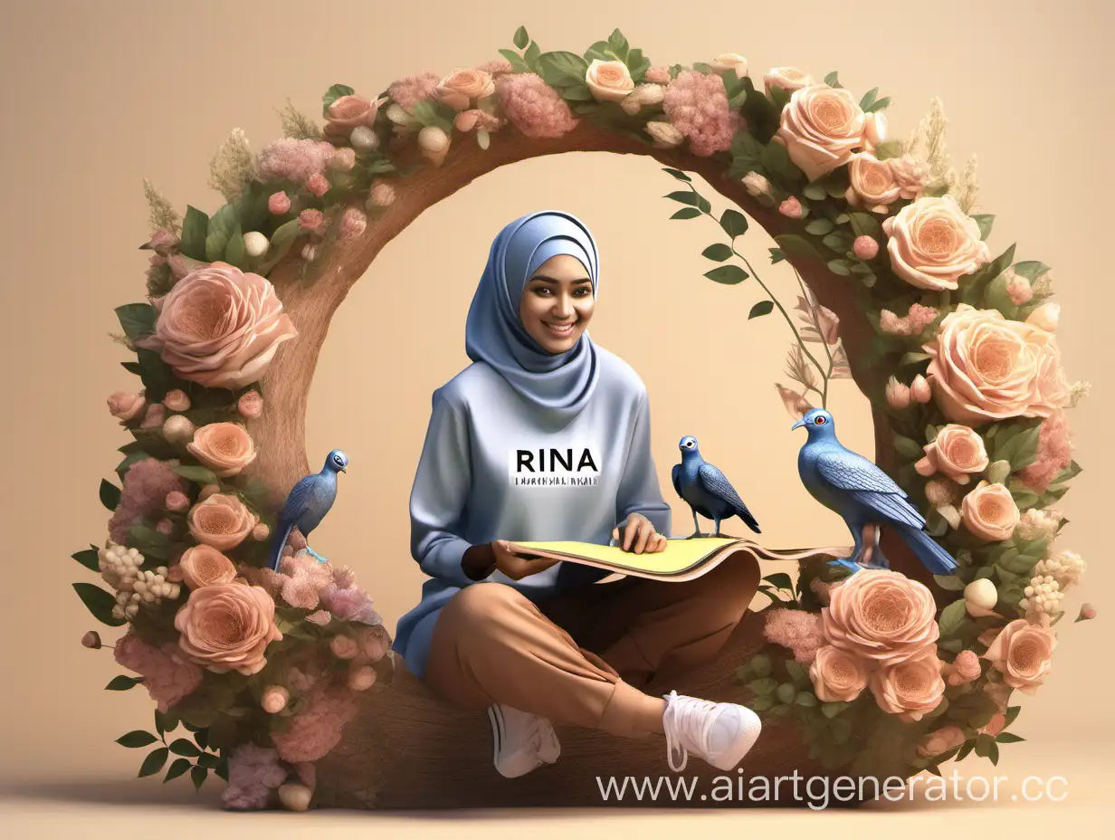 3D Realistic full body image of an indonesian smile women wears hijab and sneakers, she is sitting on big nest and flowers. mother bird carrying board of profile name and facebook logo, made from wood, on soft tone nuance. her name is Rina.