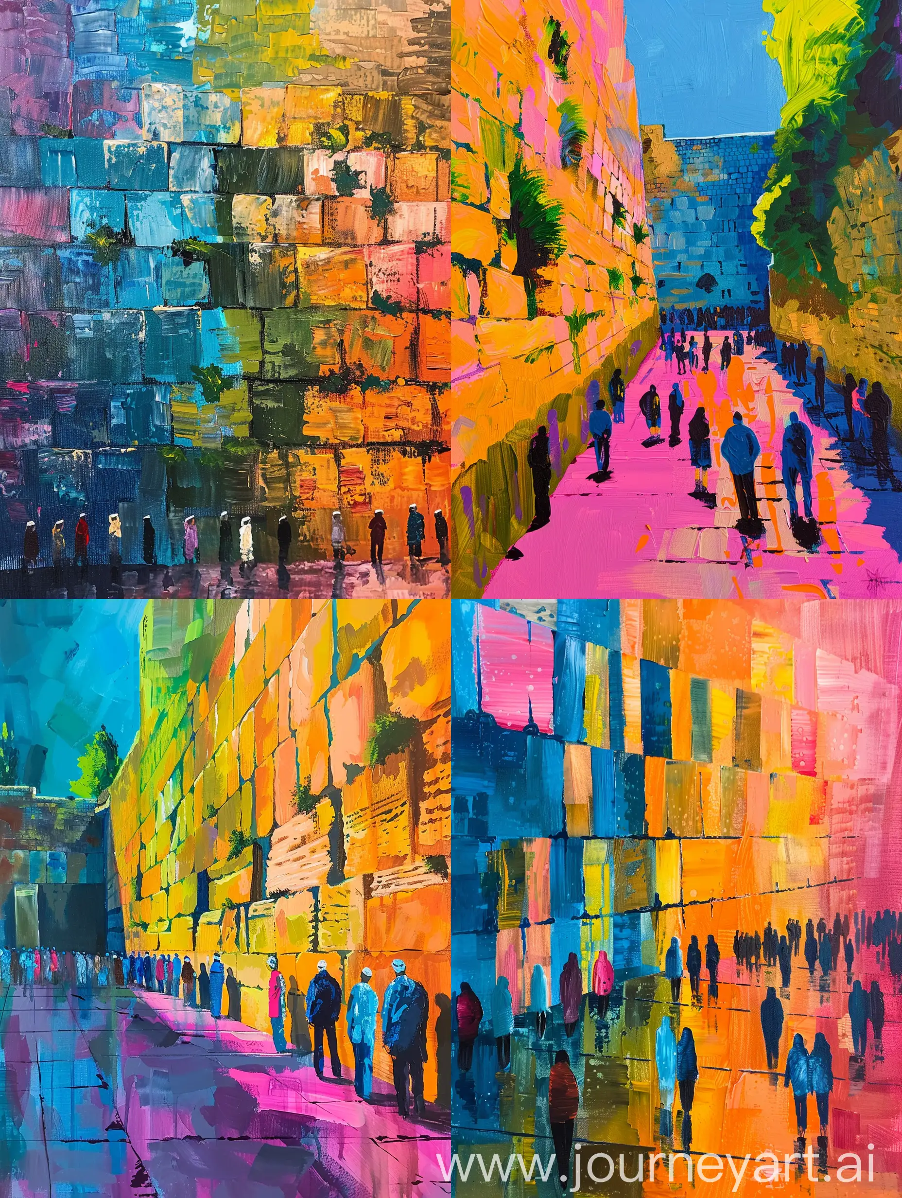 the wailing wall, simplified acrylic painting, bright colors