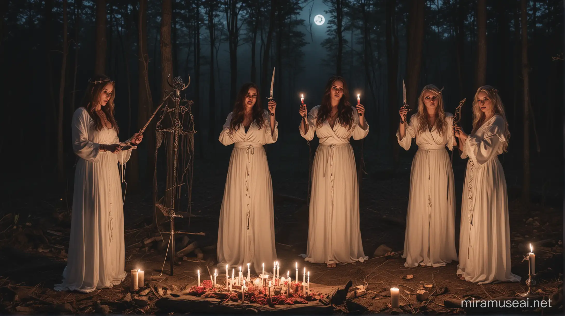 an image of 3 women ritually sacrificing a woman to the devil. They are at a  bachelorette party in the forest. The woman holding the dagger is the bride, the others her bridesmaids. This looks like a scene from a horror movie.  there are candles around and demonic symbols. Night time. Full moon. Scared Sacrifice.
