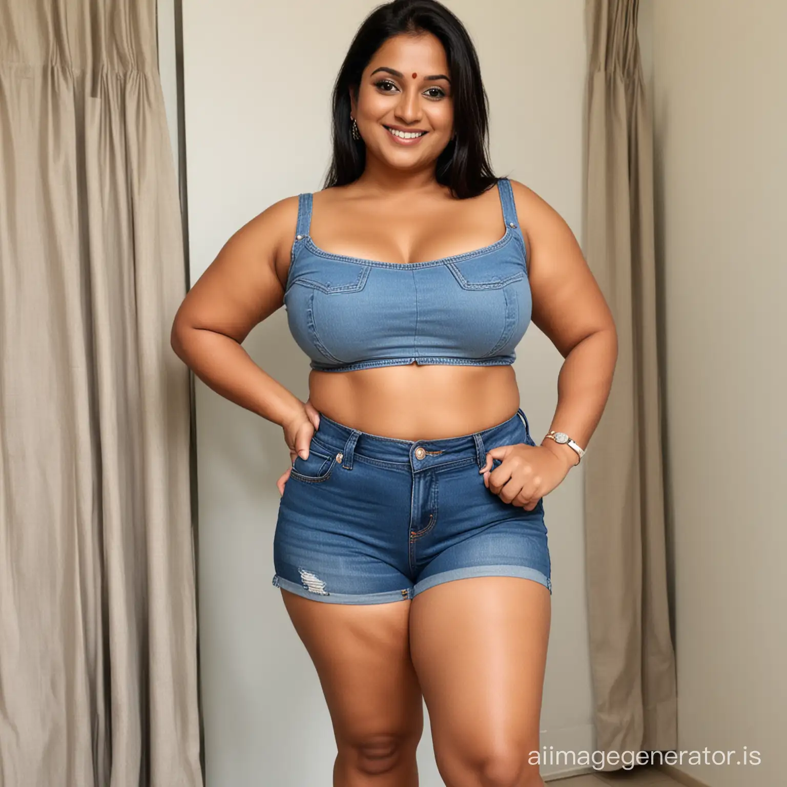 Chubby Indian 50 year old mom in croptop boots and tight jean shorts tall curvy and sexy look standing. Shows her clevage. Her look is aluring and smiling with lust