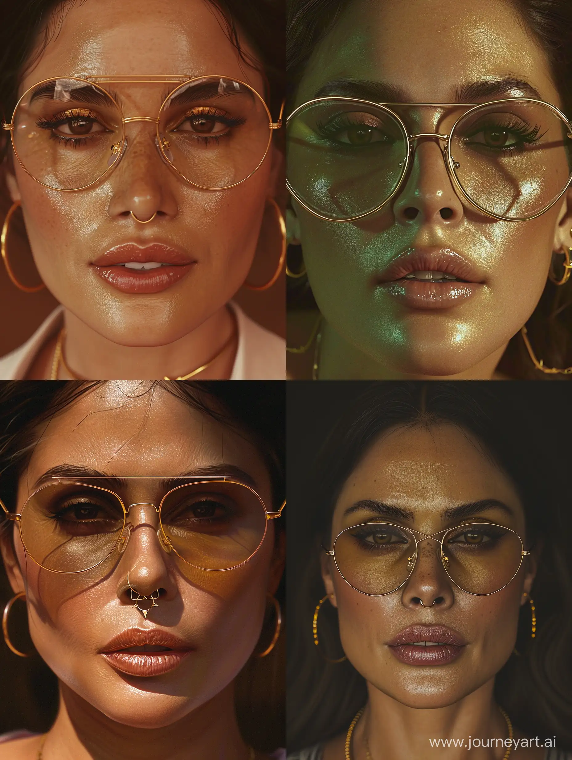 Salma Hayek with Olive Skin and a hooked nose wearing thin round wireframe glasses. wearing gold hoop earrings. wearing a small star of david necklace. hyperrealistic. 