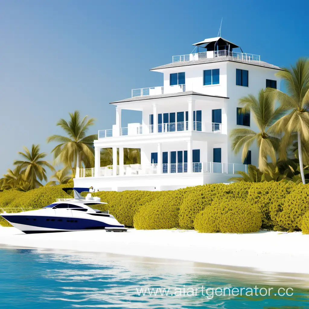 Красивый белый пляж дом и яхта