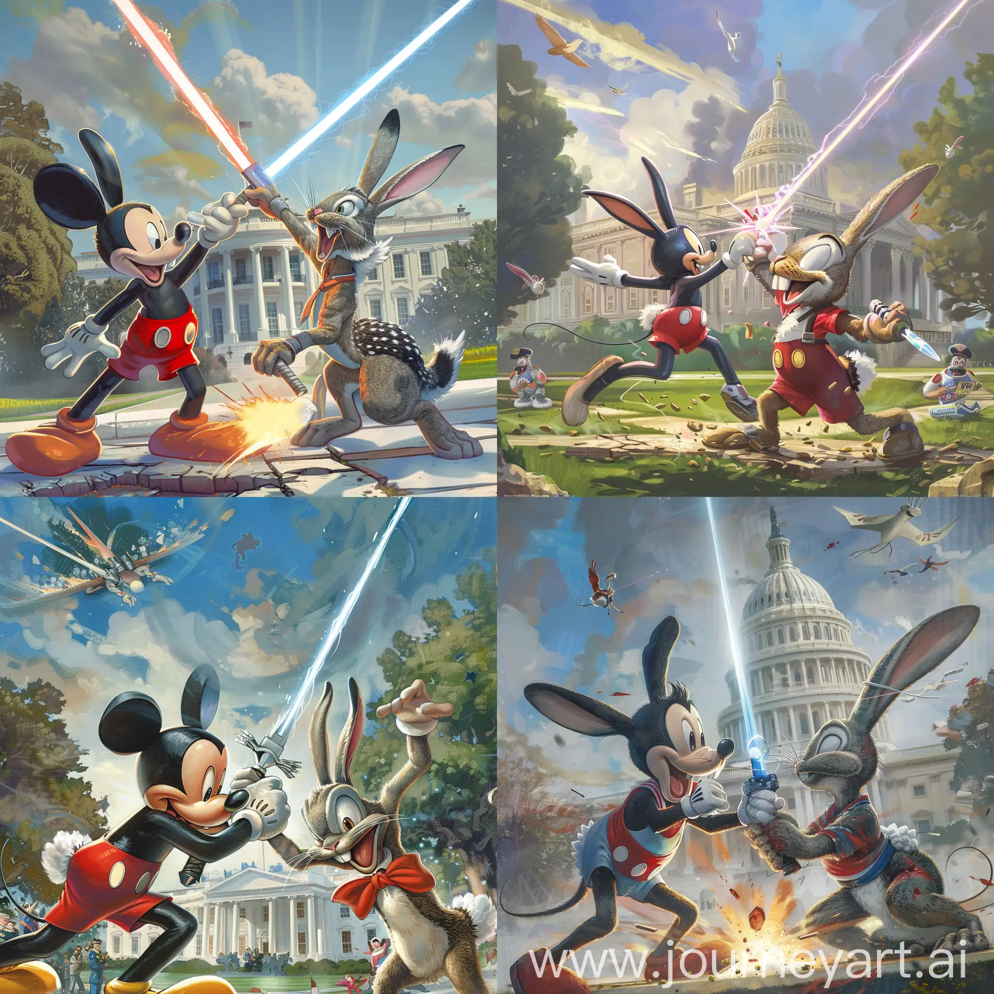 Mickey Mouse et Bugs Bunny se battent entre eux avec des épées de laser, devant la Maison Blanche